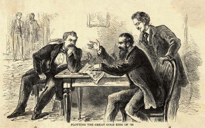 James Fisk (til venstre) og Jay Gould (siddende til højre) planlægger den store guldring fra 1869. Kobberstik.