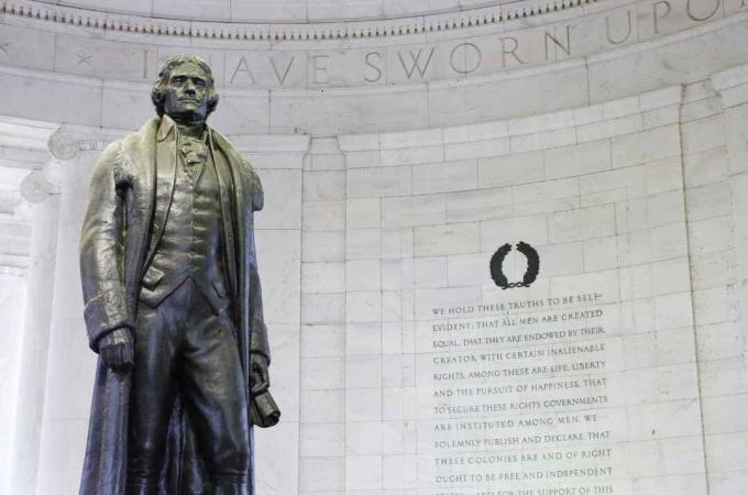 Jefferson Memorial i cirkulært rum i grå mursten