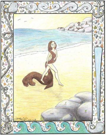 En selkie -kvinde kommer ud af havet og kaster hendes sælskind.