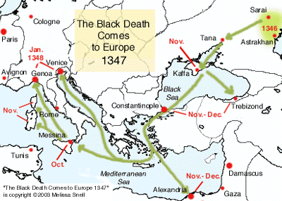 Sygdommens ankomst til Østeuropa og Italien Den sorte død kommer til Europa, 1347