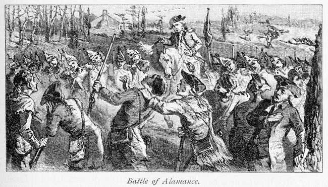 Guvernør Tryons militsstyrker skyder mod regulatorerne under slaget ved Alamance, det sidste slag i Reguleringskrigen.