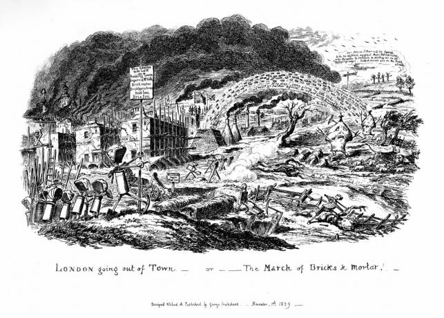 'London går ud af byen - eller The March of Bricks and Mortar', 1829. Kunstner: George Cruikshank