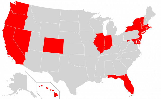 Kort, der viser de amerikanske stater, der havde vedtaget love om forebyggelse af vold mod røde flag i august 2019.