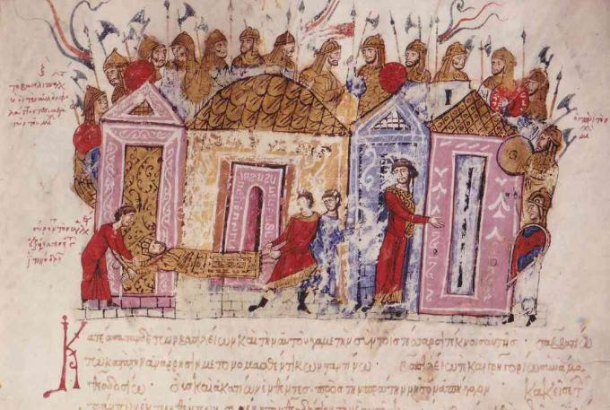 Den Varangian Guard (Miniature fra Madrid Skylitzes), 11.-12. Århundrede. Samling af Biblioteca Nacional, Madrid, Spanien.