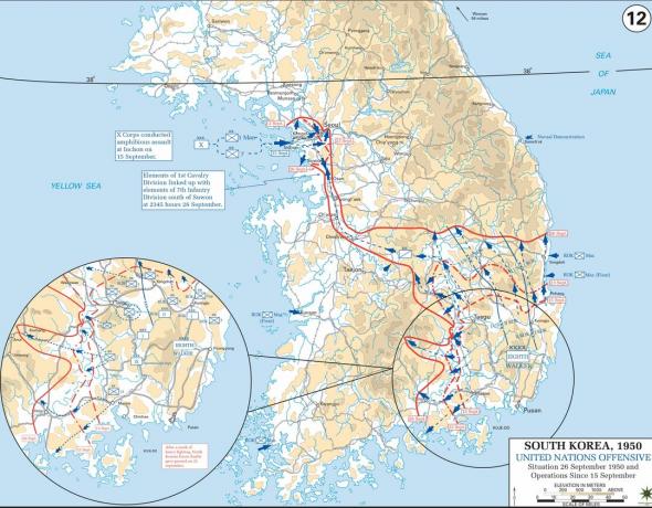 Kort over Inchon Invasion og Pusan ​​Perimeter Breakout