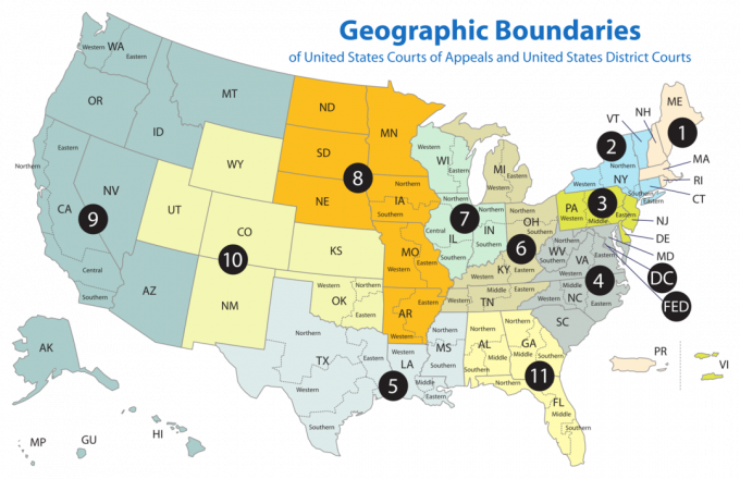 Kort over de 94 amerikanske føderale retslige distrikter