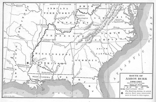 Kort illustrerer den tidligere amerikanske vicepræsident Aaron Burrs omtrentlige rute under hans tur ned ad Mississippi-floden i det, der blev kendt som Burr-sammensværgelsen i 1806-1807