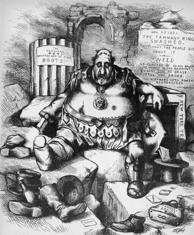 Thomas Nast-tegneserie, der viser en besejret Boss Tweed i november 1871